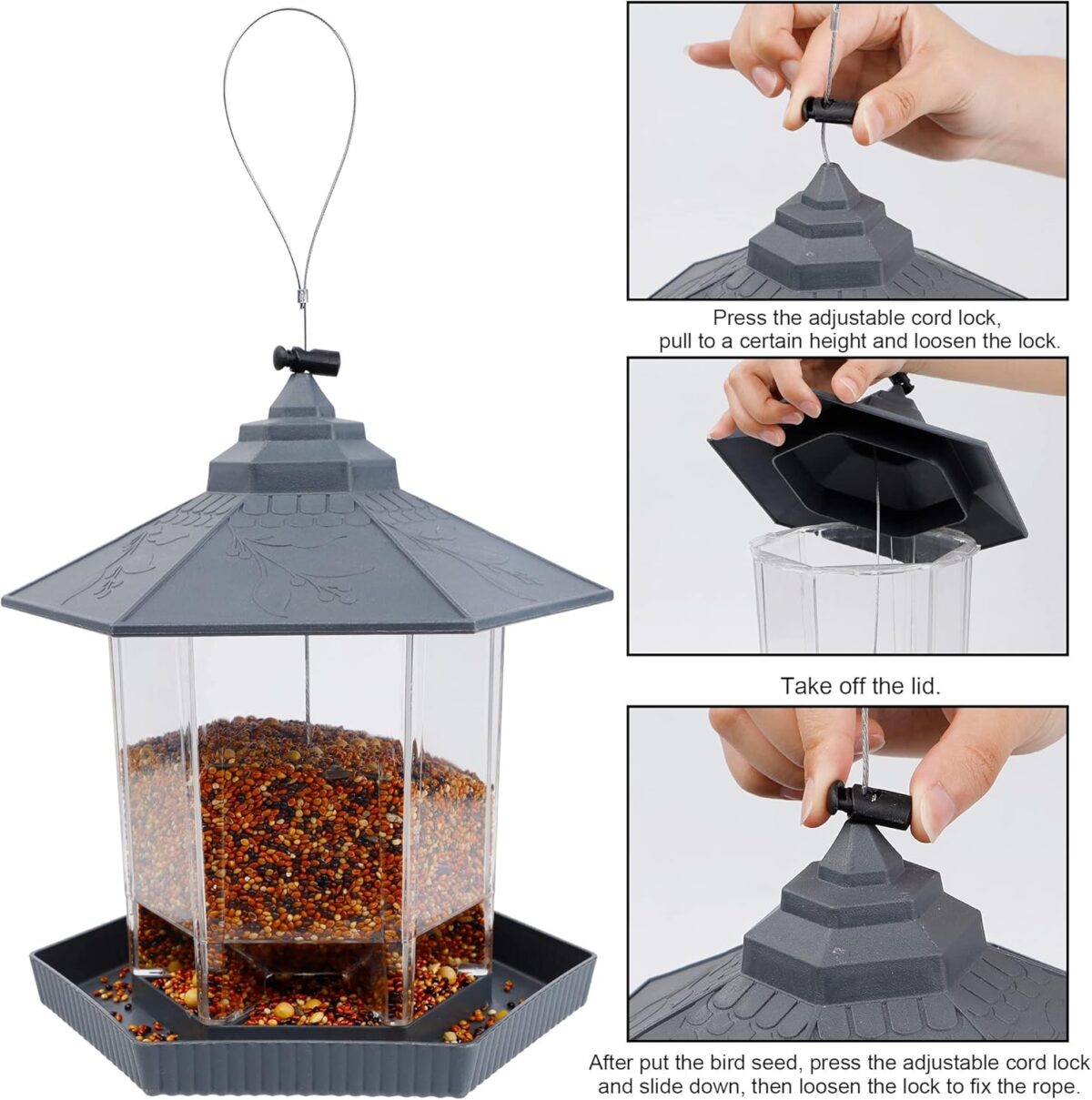 Twinkle Star Wild Bird Feeder Hanging for Garden Yard Outside Decoration, Hexagon Shaped Outside Hanging Bird Feeders for Outdoors Squirrel Proof, Cardinal Bird Feeder (Light Grey) - Image 4