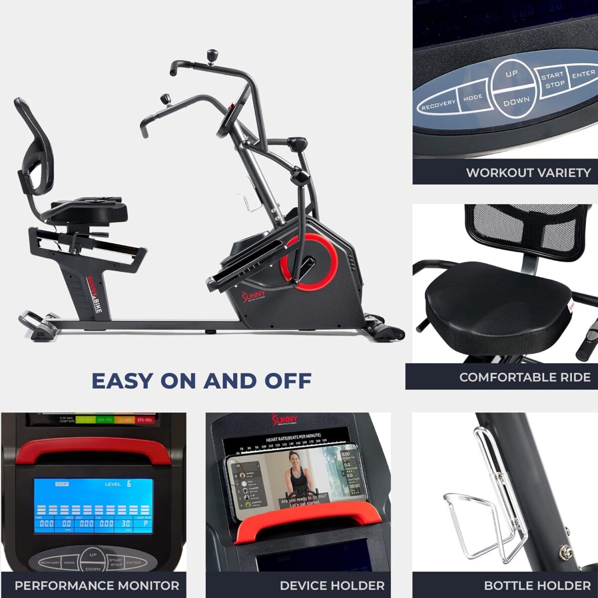 Sunny Health & Fitness Elite Recumbent Cross Trainer & Elliptical Machine with Arm Exercisers for Home Arm/Leg Training, Easy Adjust Seat & Mesh Backrest, Free SunnyFit App Bluetooth Connectivity - Image 5