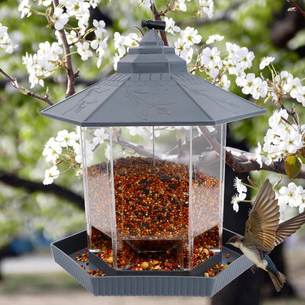 Twinkle Star Wild Bird Feeder Hanging for Garden Yard Outside Decoration, Hexagon Shaped Outside Hanging Bird Feeders for Outdoors Squirrel Proof, Cardinal Bird Feeder (Light Grey) - Image 6