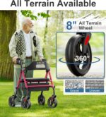Foldable Rollator Walkers with Seat for Seniors, 8'' Big Wheels, 350 lb. Weight Capacity, Adjustable Handles and Seat Height, Lightweight Rolling Walker, Red - Image 5