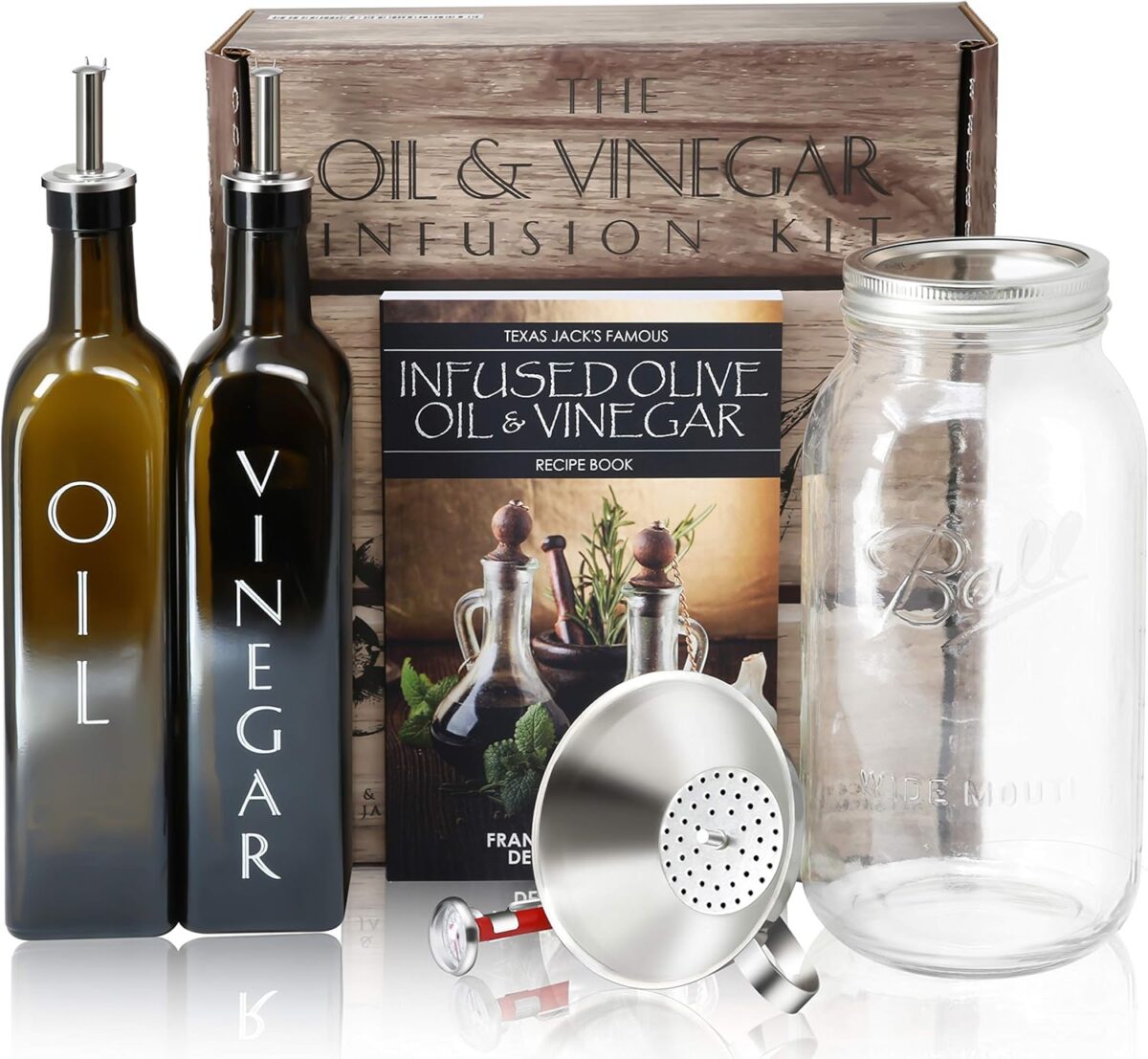 Olive Oil & Vinegar Infusion Kit - Book with 40 Recipes, Set of Green Glass Bottles with Dispensers, Mason Jar, Funnel & Strainer, and Thermometer - Image 1