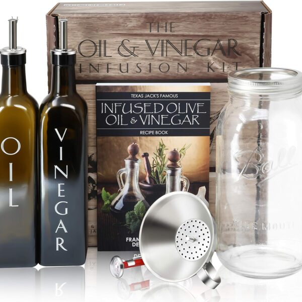 Olive Oil & Vinegar Infusion Kit - Book with 40 Recipes, Set of Green Glass Bottles with Dispensers, Mason Jar, Funnel & Strainer, and Thermometer
