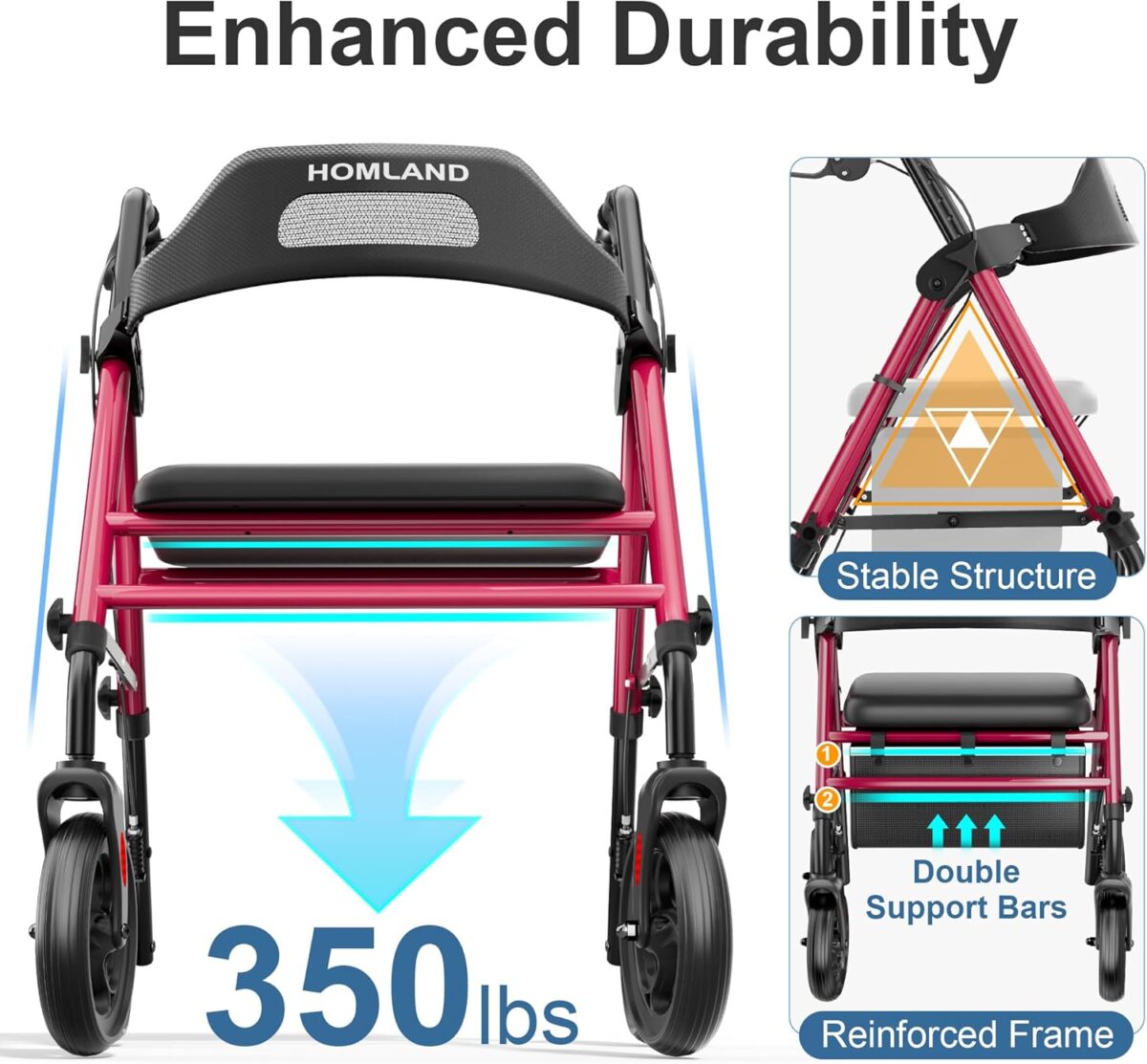 Foldable Rollator Walkers with Seat for Seniors, 8'' Big Wheels, 350 lb. Weight Capacity, Adjustable Handles and Seat Height, Lightweight Rolling Walker, Red - Image 2