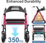 Foldable Rollator Walkers with Seat for Seniors, 8'' Big Wheels, 350 lb. Weight Capacity, Adjustable Handles and Seat Height, Lightweight Rolling Walker, Red - Image 2