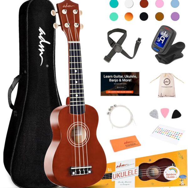 ADM Ukulele for Beginners Hawaiian Wood Ukelele Kit for Kids Adult Student Starter Professional Ukalelee Pack Bundle with Free Lessons Gig Bag Strap Nylon String Tuner (Brown, 21 Inch)