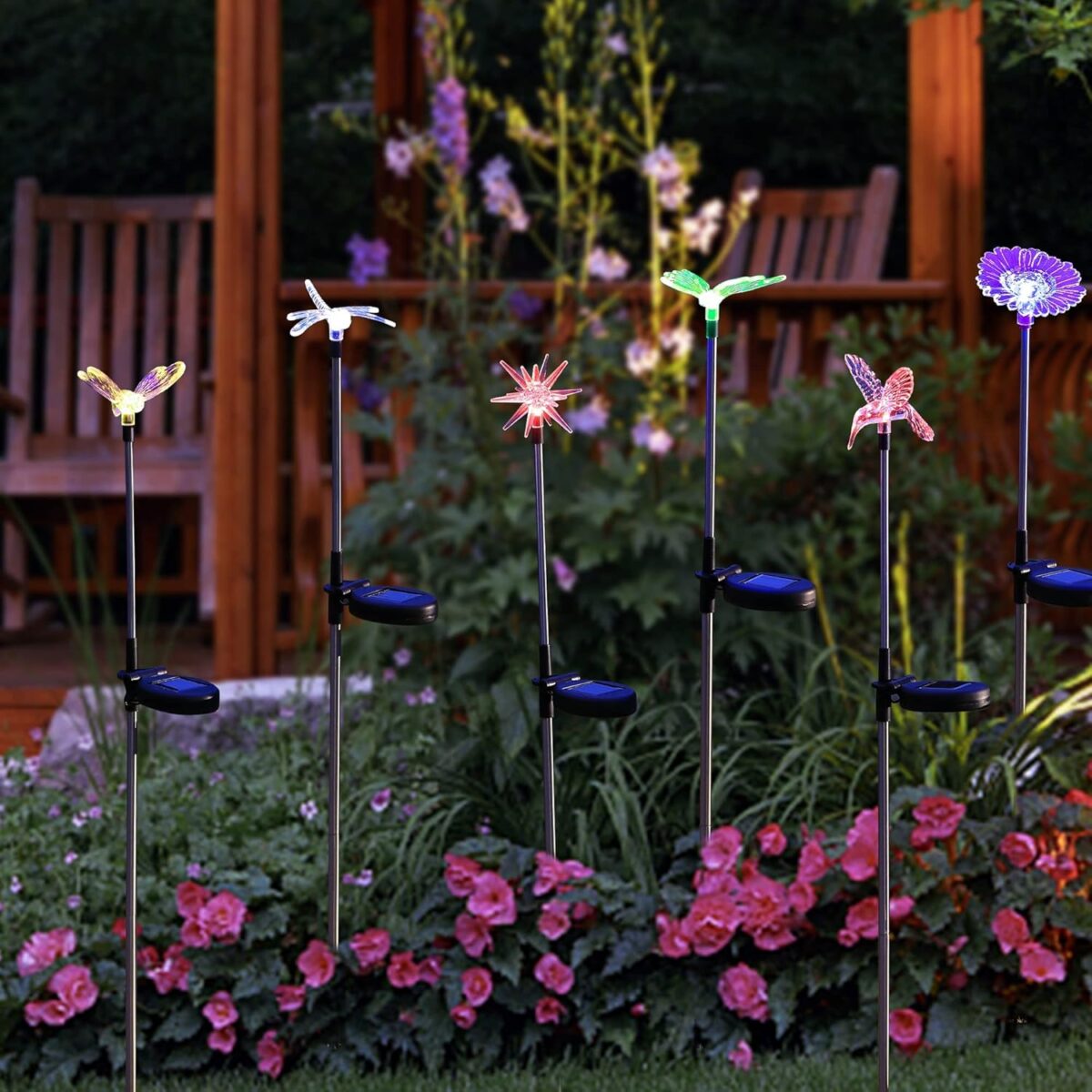Glintoper 6 Pack Solar Garden Stake Lights Outdoor, Solar Butterfly Figurine Lights, Multi-Color Changing LED Landscape Lighting, Sparkling Star Flower Hummingbird Dragonfly Bee for Patio Yard Pathway - Image 4