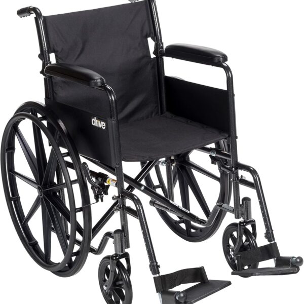 Drive Medical SSP118FA-SF Silver Sport 1 Folding Transport Wheelchair with Full Arms and Removable Swing-Away Footrest, Black