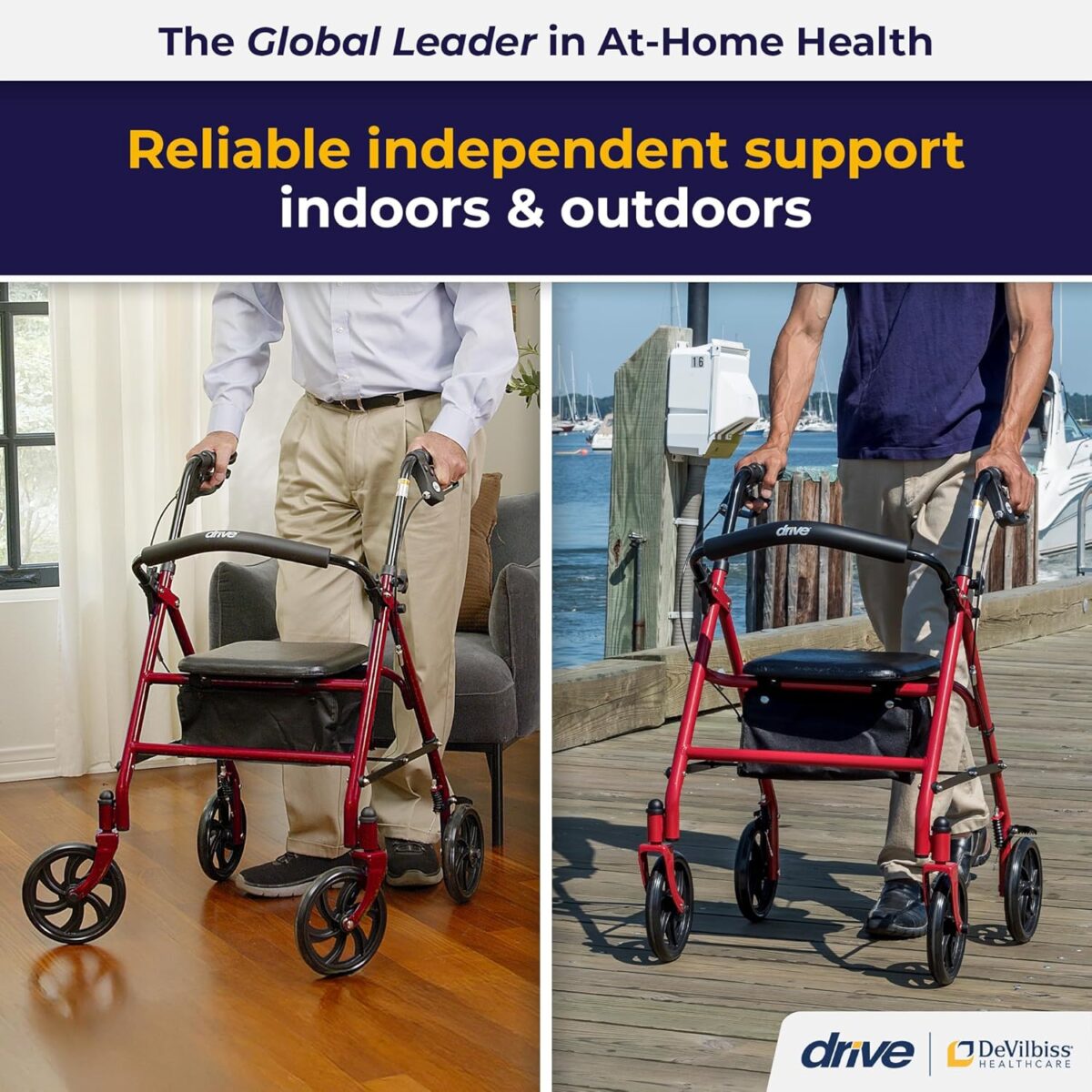 Drive Medical 10257RD-1 4 Wheel Rollator Walker With Seat, Steel Rolling Walker, Height Adjustable, 7.5" Wheels, Removable Back Support, 300 Pound Weight Capacity, Red - Image 2