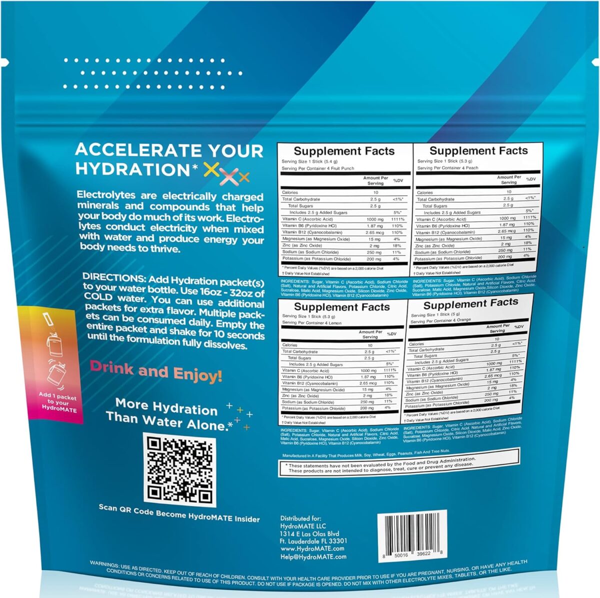 HydroMATE Electrolytes Powder Packets Low Carb Hydration Accelerator Drink Mix Party Relief Plus Vitamin C Variety Pack 16 Sticks - Image 4