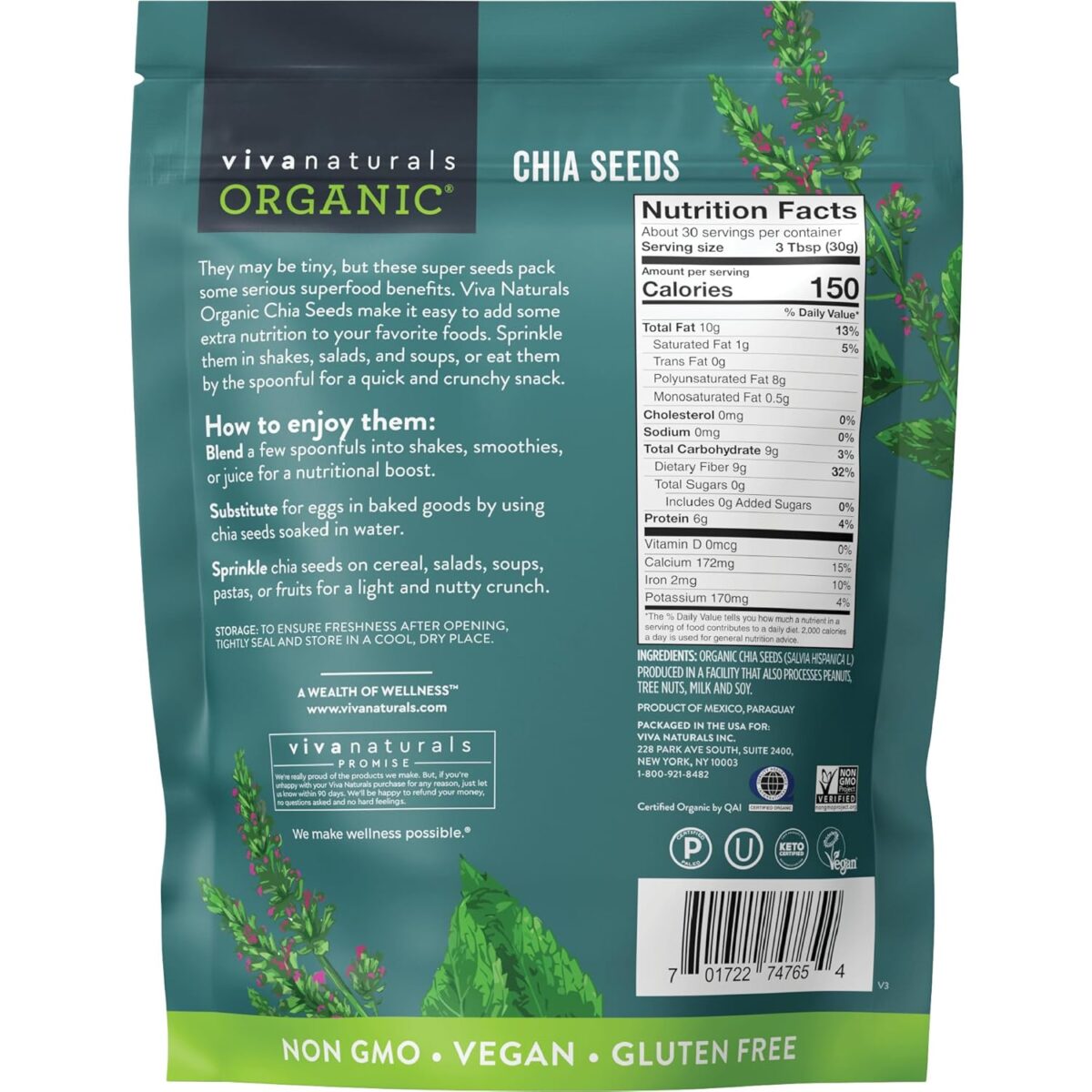 Viva Naturals Organic Chia Seeds 2 LBs - Plant-Based Omega-3 and Vegan Protein, Non-GMO Chia Seeds Organic Perfect for Smoothies, Salads and Chia Seed Pudding, Black Chia Seeds Bulk - Image 7