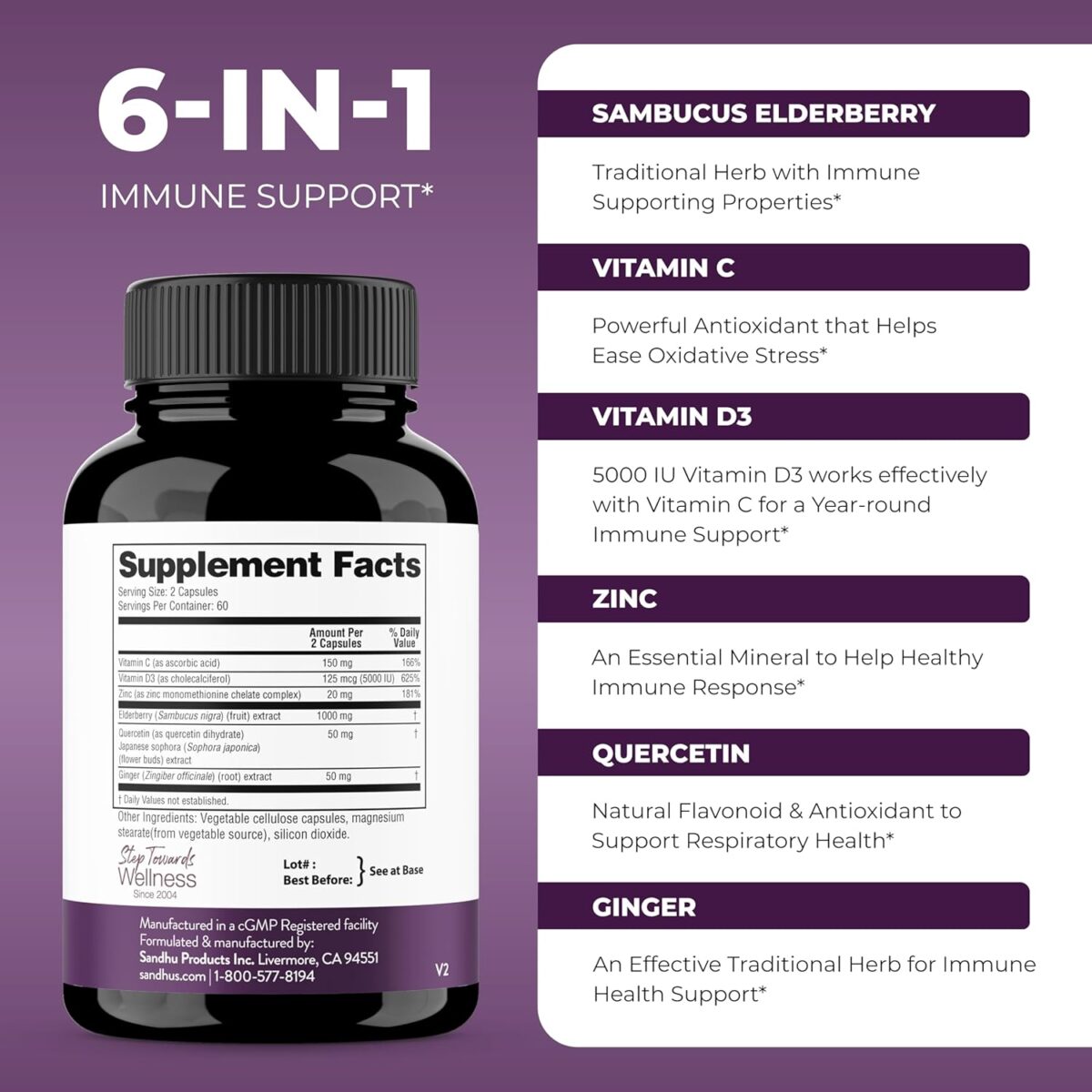 Elderberry Vitamin C and Zinc 120 Capsules | with Quercetin and Vitamin D3 | Immune Support for Adults | Herbal Supplement for Men and Women | 2 Months Supply | Natural Immunity Booster - Image 2