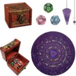 Knana 6Pcs Pendulum Board for Divination - Pendulum Crystal for Dowsing, Tarot Dice Astrology Dice with Box, Wiccan Supplies and Tools, Tarot Divination for Beginners