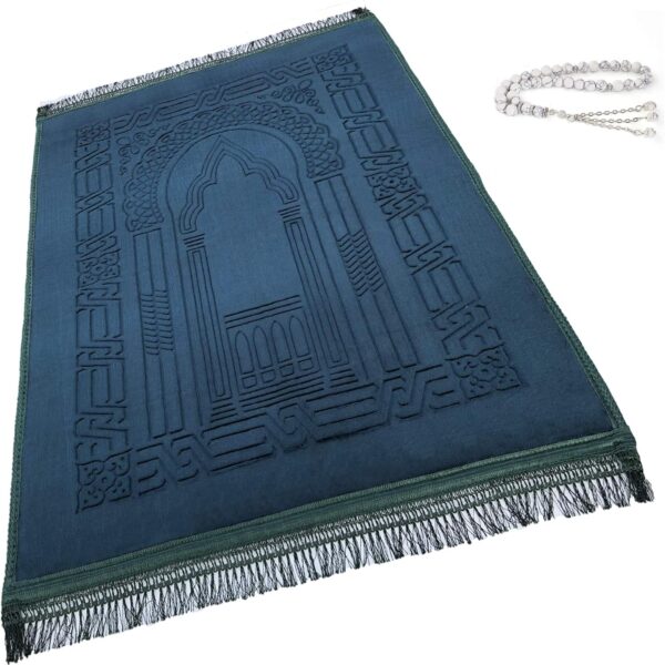 Prayer Rug Muslim Mat Islamic - Thick Large Padded Sajadah for Kids Men Women with Islam Prayer Beads for Eid Travel Ramadan, Soft Luxury Great for Knees and Forehead(Green)
