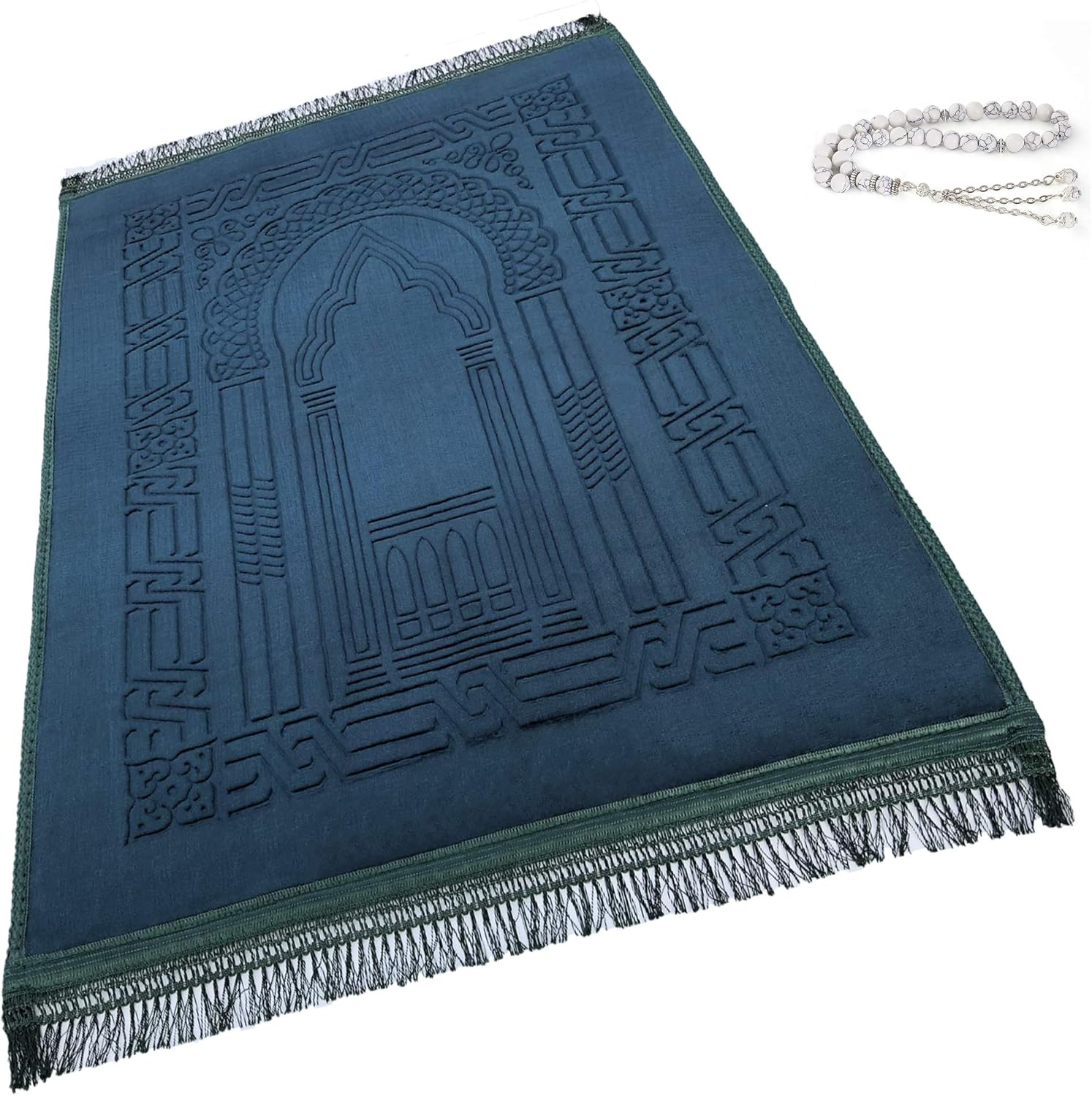816ancLPpFL._AC_SL1500_.jpg Prayer Rug Muslim Mat Islamic - Thick Large Padded Sajadah for Kids Men Women with Islam Prayer Beads for Eid Travel Ramadan, Soft Luxury Great for Knees and Forehead(Green) - Image 1