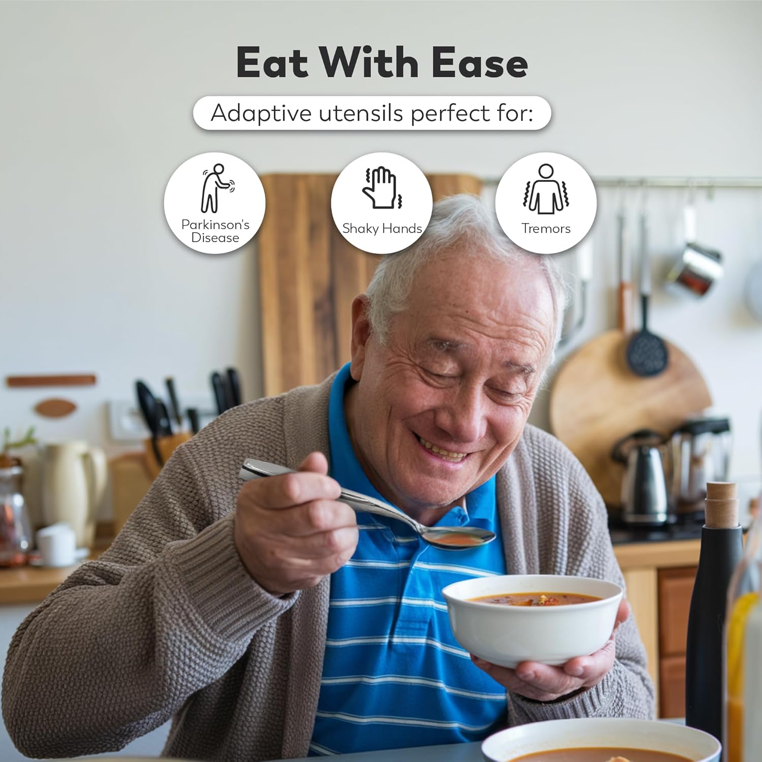 816sO0wZdaL._AC_SL1500_.jpg BUNMO Utensils for Elderly, Arthritis, Weak Hand Grip & Handicapped - Convenient Travel Pouch - for Tremors and Parkinsons Patients - Stainless Steel - Eat Independently - Weighted 4 Piece Set - Image 1