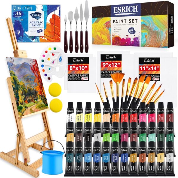 ESRICH Acrylic Paint Set,64PCS Painting Supplies with Wooden Easel,Brushes,36Colors Acrylic Paint, Canvases,Palette,Paint Knives Etc,Painting Kit for Adults,Students,Hobbyists,Beginners