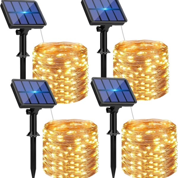 4 Pack Solar String Lights Outdoor - 320LED 132FT Solar Fairy Lights Waterproof 8 Modes, Copper Wire Solar Powered Twinkle Lights for Outside Tree Garden Christmas Wedding Party Decor (Warm White)