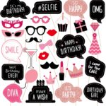 Birthday Photo Booth Props Kit - Happy Birthday Party Favors Supplies Bday Party Decoration Set with Real Glitter Cute Bday Designs for Women or Girls - Easy to Assemble 30 Pieces (Rose Gold)