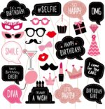 Birthday Photo Booth Props Kit - Happy Birthday Party Favors Supplies Bday Party Decoration Set with Real Glitter Cute Bday Designs for Women or Girls - Easy to Assemble 30 Pieces (Rose Gold)