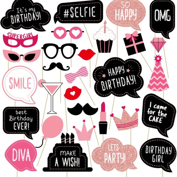 Birthday Photo Booth Props Kit - Happy Birthday Party Favors Supplies Bday Party Decoration Set with Real Glitter Cute Bday Designs for Women or Girls - Easy to Assemble 30 Pieces (Rose Gold)