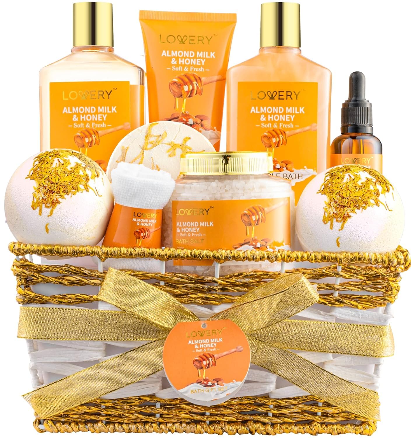 818BkB1NaqL._SL1500_.jpg Gift Basket for Women - 10 Pc Almond Milk & Honey Beauty & Personal Care Set - Home Bath Pampering Package for Relaxing - Spa Self Care Kit - Thank You, Birthday, Mom, Anniversary Gift - Image 1