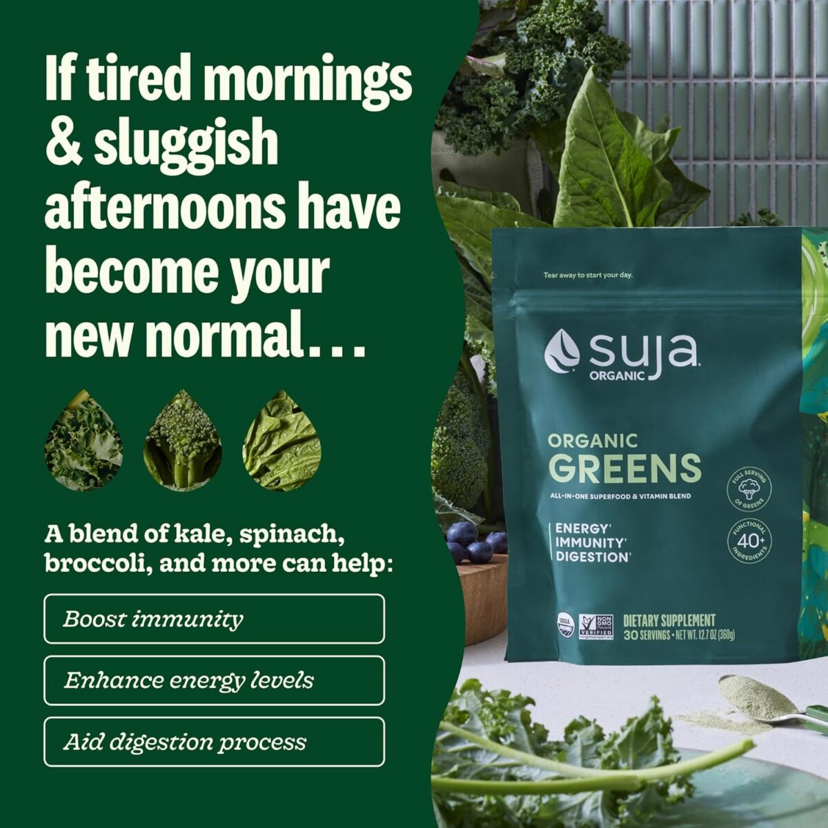 Suja Organic Greens Powder Probiotic Blend, Spirulina, Daily Superfood Drink or Smoothie Mix for Immune Support, Digestion, & Energy, Vegan, Gluten Free, Non GMO, 30 Servings - Image 5