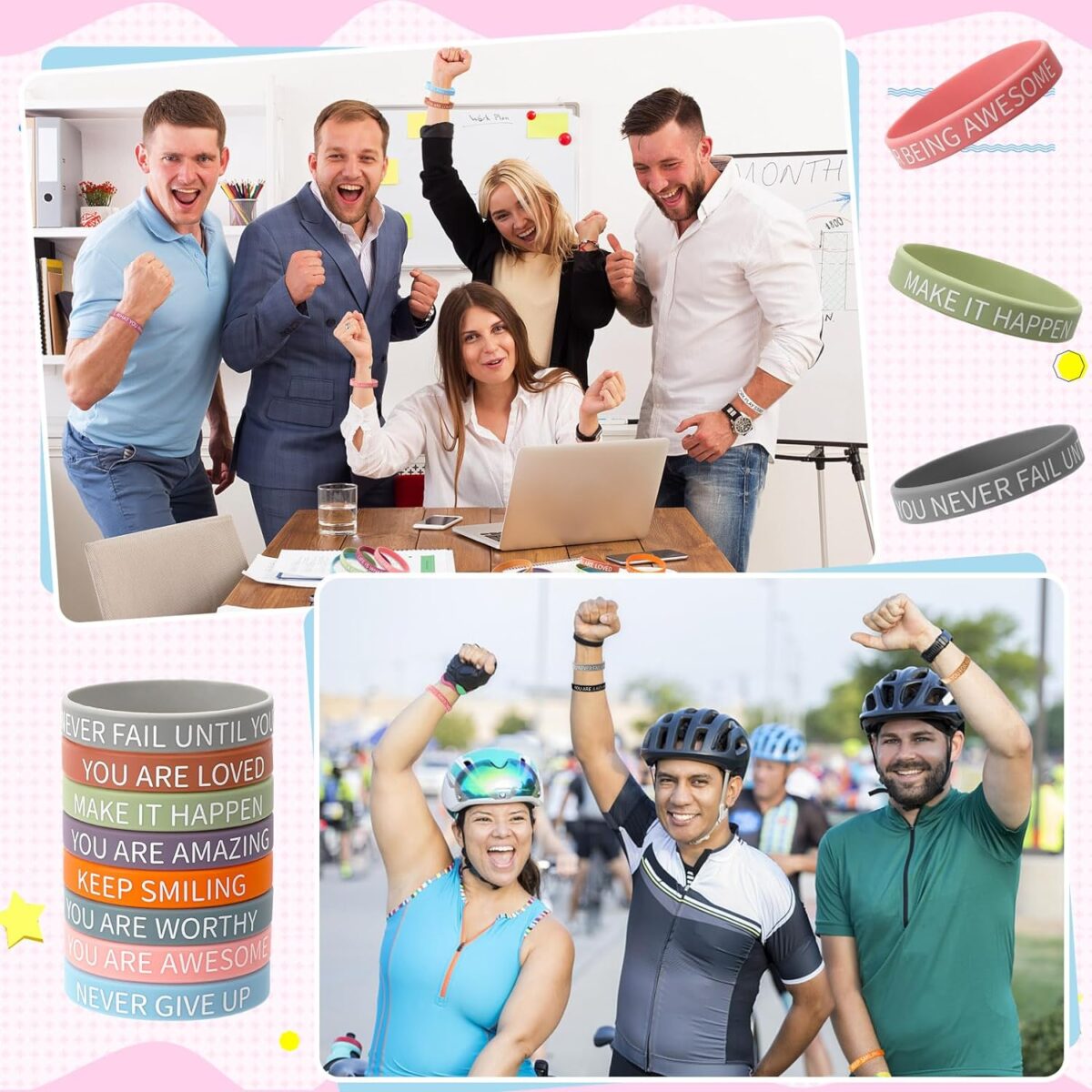 JUNEBRUSHS 64pcs Motivational Quote Silicone Bracelets Bulk Colored Inspirational Rubber Wristbands Unisex Accessories for Women Men Teens Teacher Home Office Party Favor Gifts Supplies (16 Designs) - Image 6
