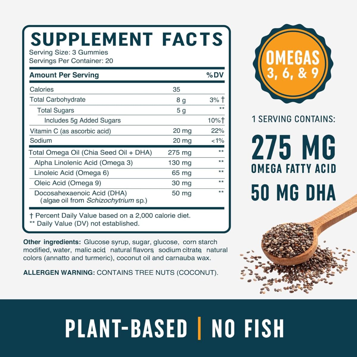 Omega 3 6 9 + DHA Gummies | Plant-Based Triple Omegas from Algae & Chia Seed Oil | with 50mg of DHA | Vegetarian, Non-GMO, Gluten-Free, Essential Fatty Acid Supplements for Adults | 60 Gummies - Image 4