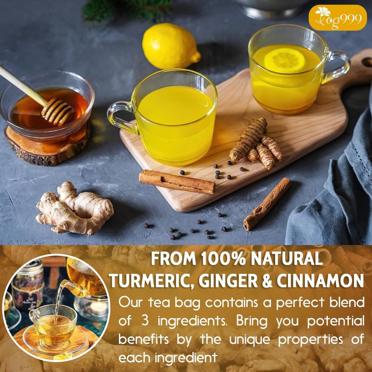 TOG999, 60 Tea Bags - Turmeric,Ginger,Cinnamon Tea,100% Natural,Hand-made Blend of Turmeric,Ginger,and Cinnamon. Eco-conscious Bags. Turmeric Ginger Herbal Tea. No Sugar,No Caffeine,No Gluten,Vegan. - Image 4