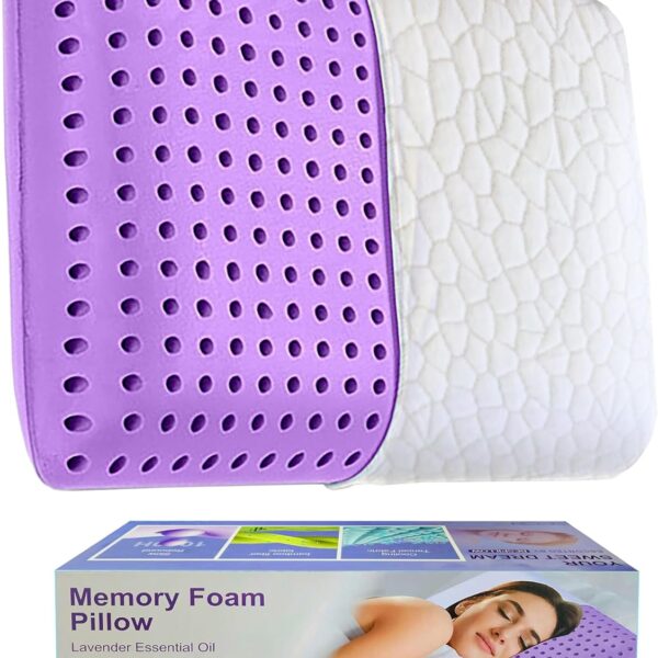 OMEO Lavender Pillow Queen Size, Ventilated Memory Foam Cooling Pillow for Back, Side and Stomach Sleepers Support, Sleeping Pillows for Adults, 28" x 16" - Home and Hotel Essentials