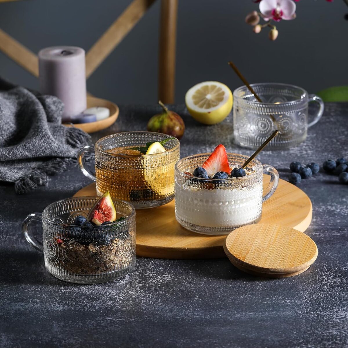 LANDNEOO 4pcs Set Vintage Coffee Mugs gifts for women, Overnight Oats Containers with Bamboo Lids and Spoons - 14oz Clear Embossed Glass Cups, Cute Coffee Bar Accessories, Iced Coffee Glasses - Image 4