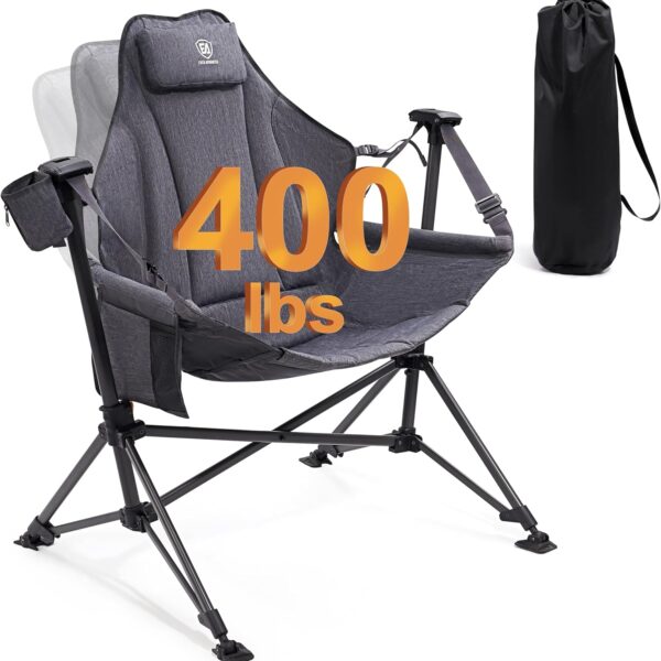 EVER ADVANCED Padded Hammock Camping Chair, Oversized Heavy Duty Swing Chair with Detachable Cup Holder, Portable Folding Rocking Camping Chair for Outdoor&Indoor, Support Up to 400lbs, Grey