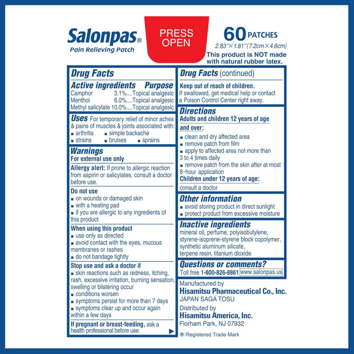 Salonpas Pain Relieving Patch for Back, Neck, Shoulder, Knee Pain and Muscle Soreness - 8 Hour Pain Relief - 60 Count - Image 6