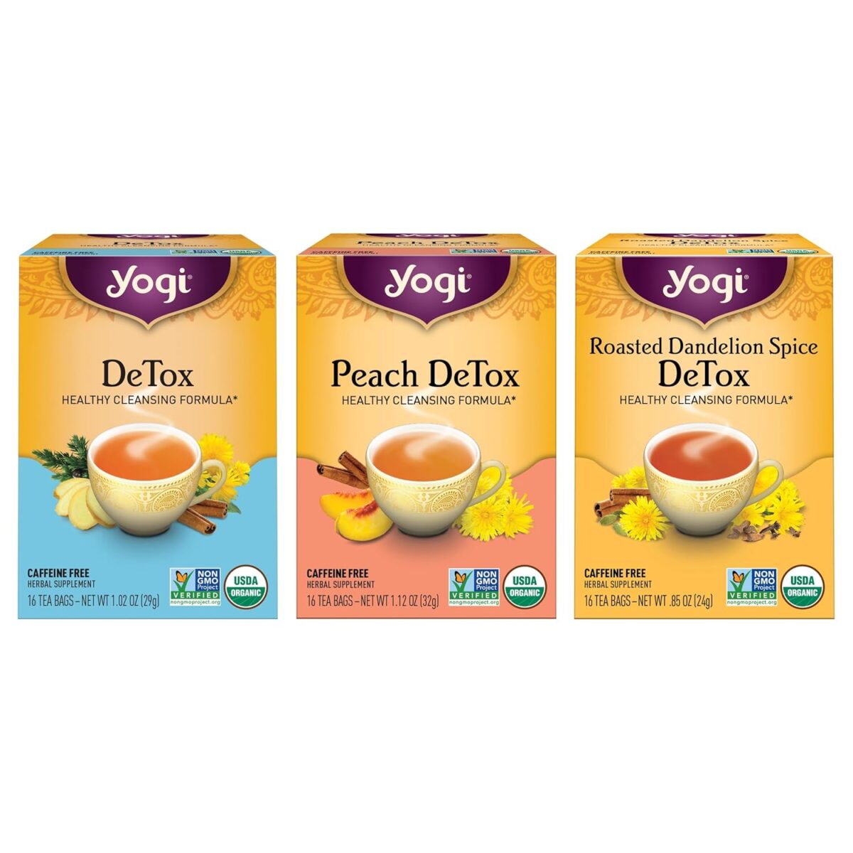 Yogi Tea Herbal DeTox Variety Sampler - 16 Bags per Pack (3 Packs) - Organic Sampler - Includes Peach & Original DeTox Teas & Roasted Dandelion Spice - Image 1