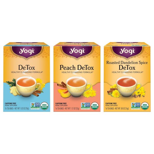 Yogi Tea Herbal DeTox Variety Sampler - 16 Bags per Pack (3 Packs) - Organic Sampler - Includes Peach & Original DeTox Teas & Roasted Dandelion Spice
