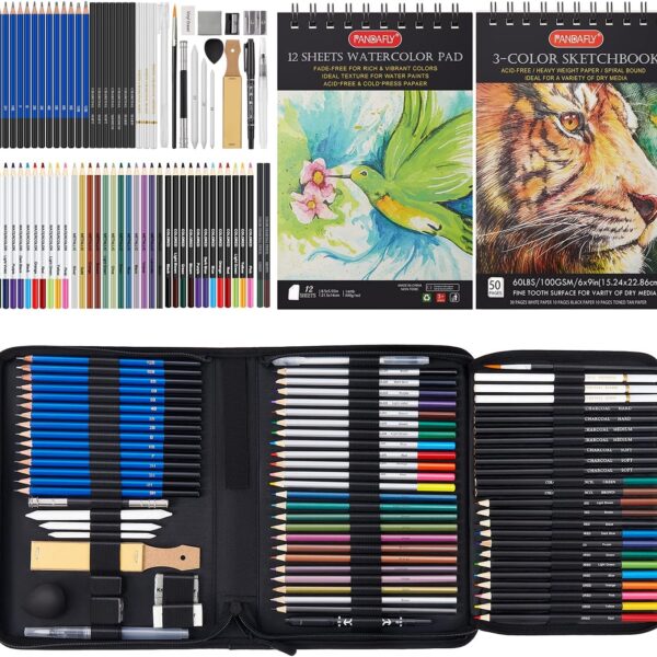 PANDAFLY 80 Pack Drawing Set Sketching Kit, Pro Art Supplies with 3-Color Sketchbook, Watercolor Pad, Colored, Graphite, Charcoal, Metallic Pencil, for Artist Adults Kids Beginner