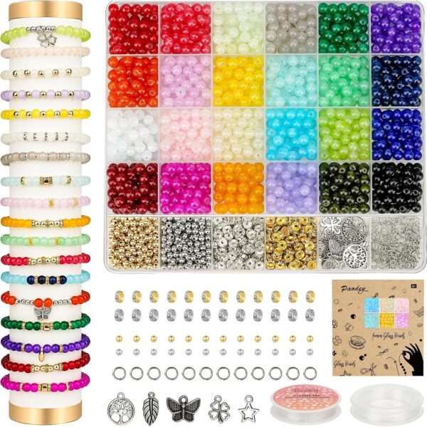 Paodey 6mm Glass Beads Bracelet Making Kit 1400pcs, 24 Colors Crystal Beads for Jewelry Making Round Beads DIY Crafts with Spacer Beads Charms Accessories