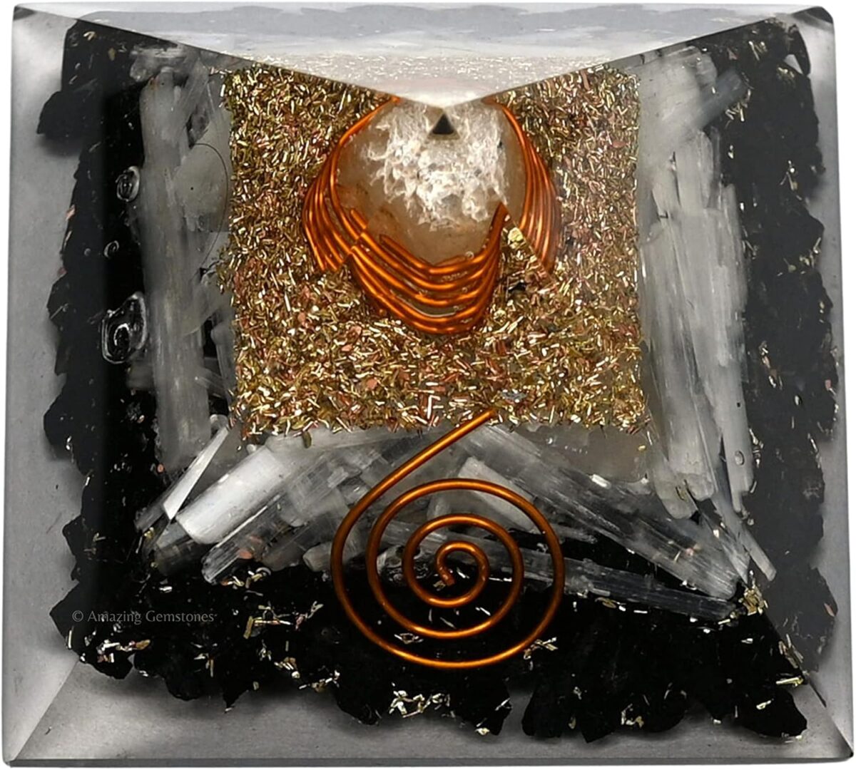 Orgone Pyramid with Black Tourmaline Selenite Crystal and Healing Coil Quartz Point - Natural Healing Stones Orgonite Energy Generator for Yoga Meditation - Image 3