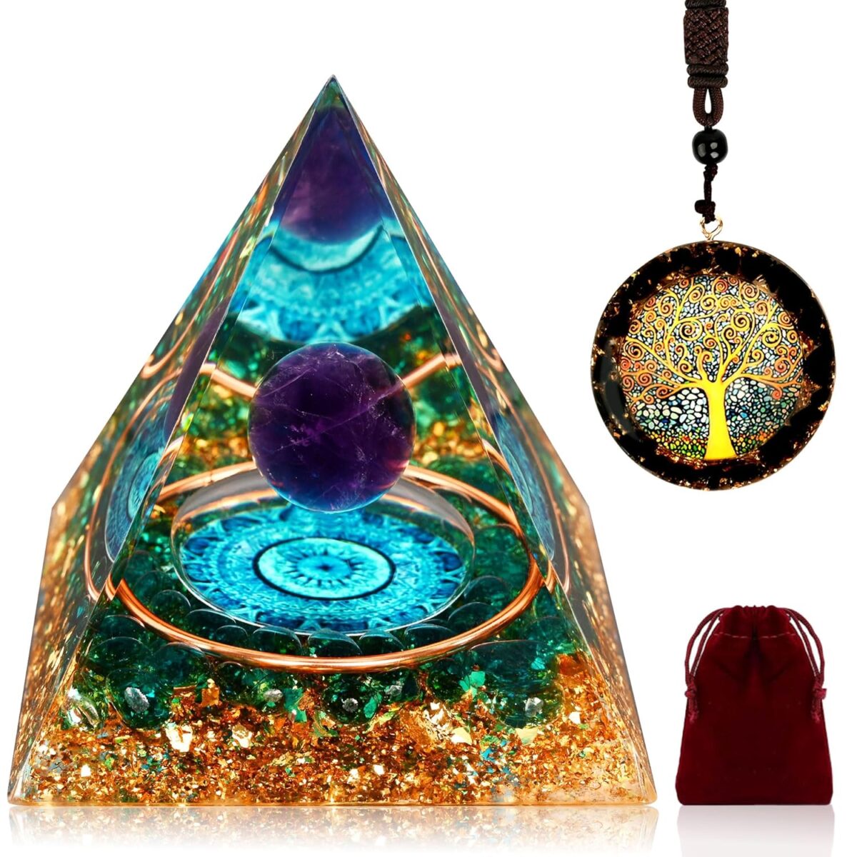Zurligi Orgone Pyramid for Positive Energy, Tree of Life Amethyst & Citrine Chakra Orgonite Healing Crystal Pyramid for Wealth Success Lucky Meditation Sleep & Spiritual Gifts - Image 1
