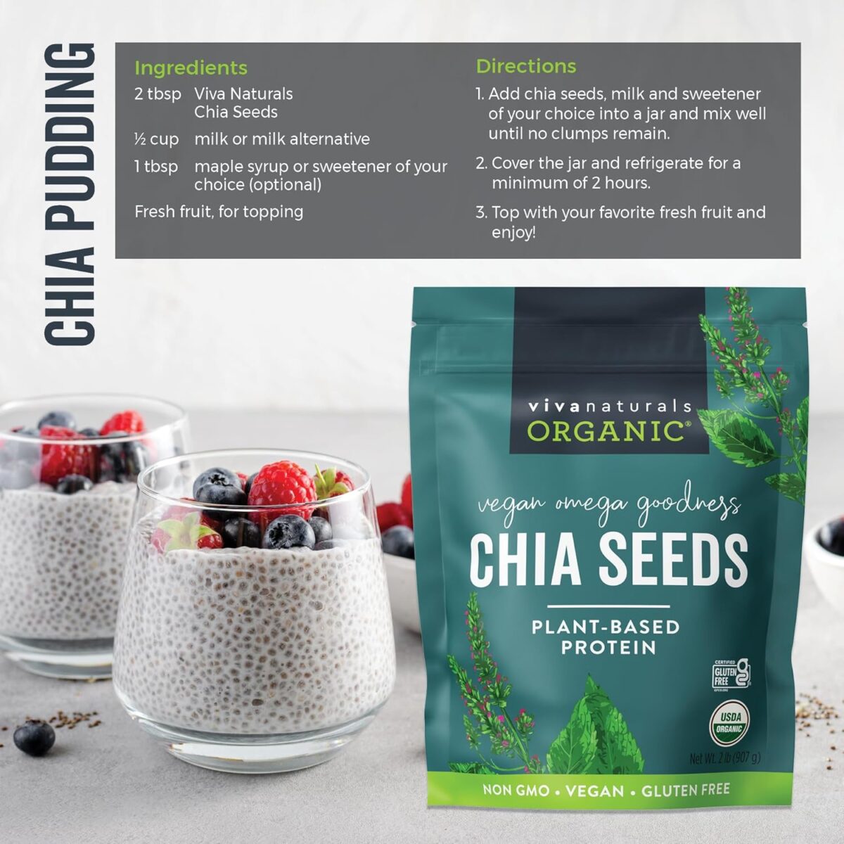 Viva Naturals Organic Chia Seeds 2 LBs - Plant-Based Omega-3 and Vegan Protein, Non-GMO Chia Seeds Organic Perfect for Smoothies, Salads and Chia Seed Pudding, Black Chia Seeds Bulk - Image 5
