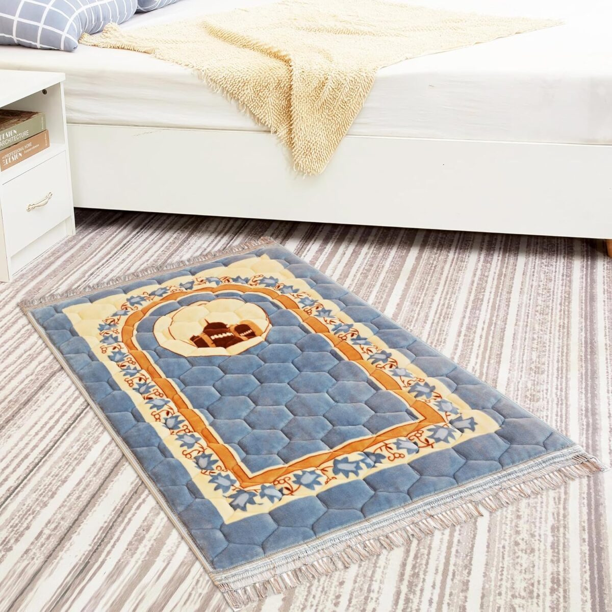Prayer Rug Muslim Prayer Mat Islamic - Very Thick Prayer Rug Sajadah for Men Women with Islam Prayer Beads Soft and Luxury (Blue Grey) - Image 2