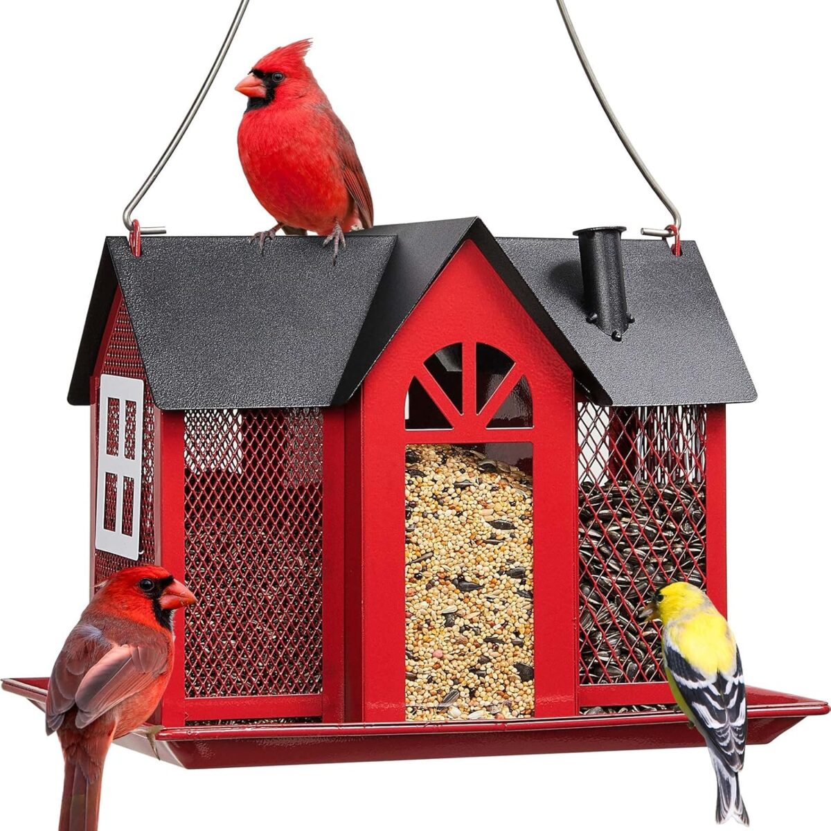 Kingsyard Bird Feeder House for Outside, Metal Mesh Wild Bird Feeder with Triple Feeders for Finch Cardinal Chickadee, Large Capacity, Weatherproof and Durable, Red - Image 1