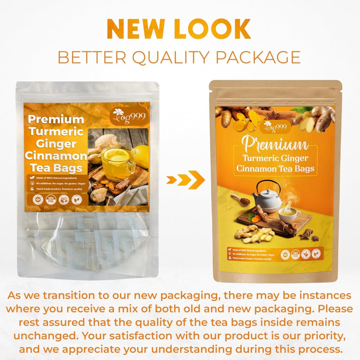 TOG999, 60 Tea Bags - Turmeric,Ginger,Cinnamon Tea,100% Natural,Hand-made Blend of Turmeric,Ginger,and Cinnamon. Eco-conscious Bags. Turmeric Ginger Herbal Tea. No Sugar,No Caffeine,No Gluten,Vegan. - Image 2