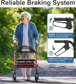 Foldable Rollator Walkers with Seat for Seniors, 8'' Big Wheels, 350 lb. Weight Capacity, Adjustable Handles and Seat Height, Lightweight Rolling Walker, Red - Image 4