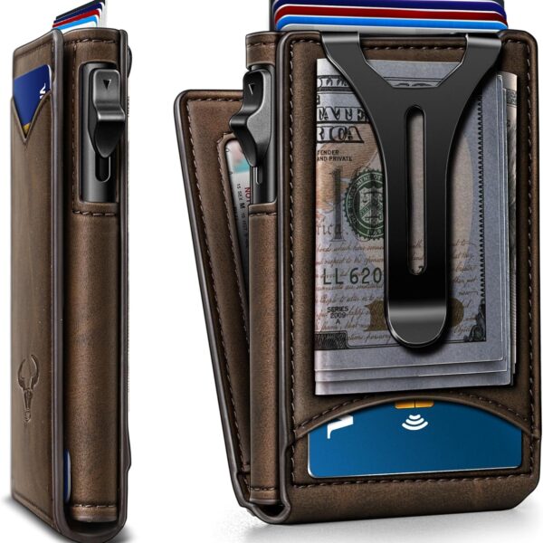 BULLIANT Men Wallet,Money Clip Wallet Slim For Gift Men 9Cards-Metal Credit Card Case in Magnetic Leather Flip