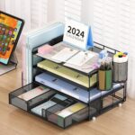 Desk Organizers and Accessories, Desk Accessories & Workspace Organizers for Office Supplies, File Organizer Desk Drawer Organizer with 2 Pen Holders, 4 Tier Paper Organizer for Desk(Black) - Image 3