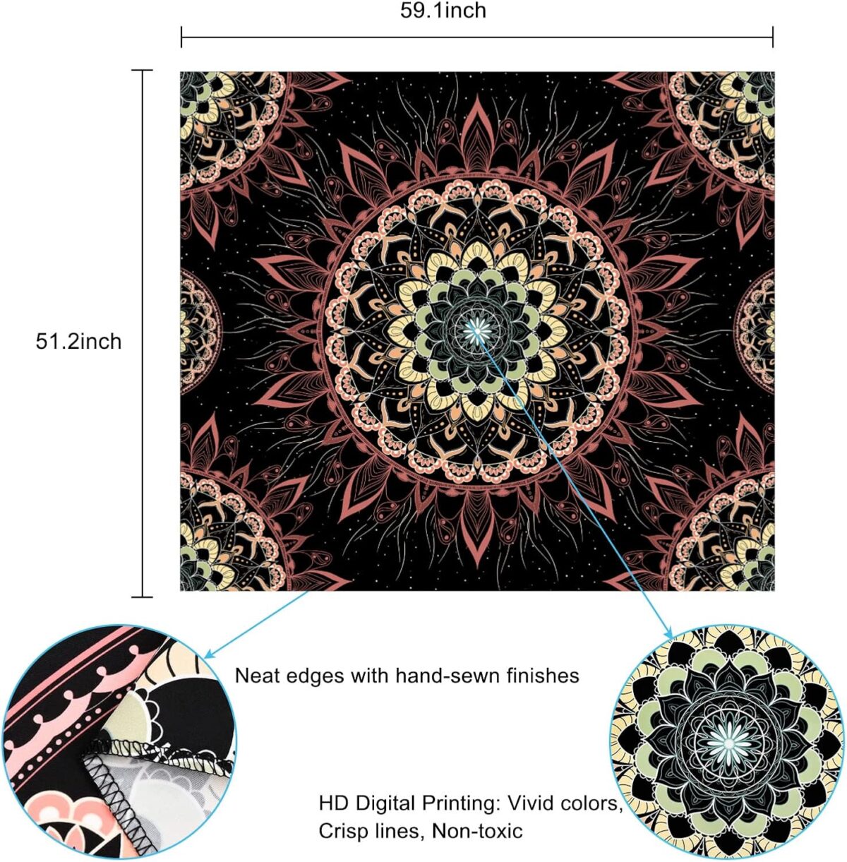 Uspring Mandala Tapestry - Bohemian Floral Aesthetic Hippie Boho Wall Hanging Decor for Bedroom, Living Room, Dorm (51.2 x 59.1 inches) - Image 6