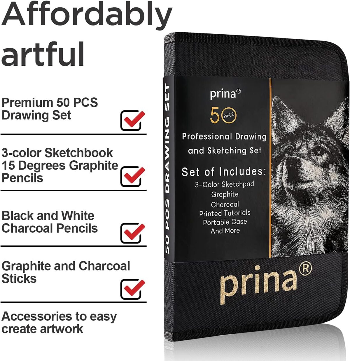 Prina 50 Pack Drawing Set Sketch Kit, Sketching Supplies with 3-Color Sketchbook, Graphite, and Charcoal Pencils, Pro Art Drawing Kit for Artists Adults Teens Beginner Kid, Ideal for Shading, Blending - Image 3