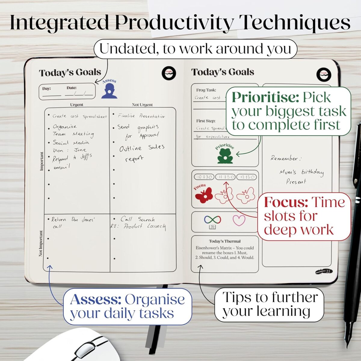Undated Daily, Weekly & Monthly Planner – A5 Business Journal for Time Management, Goal Setting & Productivity with Eisenhower Matrix, 6-Month Organiser – Ideal Diary Gift for Men - Image 4