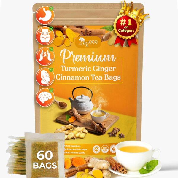 TOG999, 60 Tea Bags - Turmeric,Ginger,Cinnamon Tea,100% Natural,Hand-made Blend of Turmeric,Ginger,and Cinnamon. Eco-conscious Bags. Turmeric Ginger Herbal Tea. No Sugar,No Caffeine,No Gluten,Vegan.